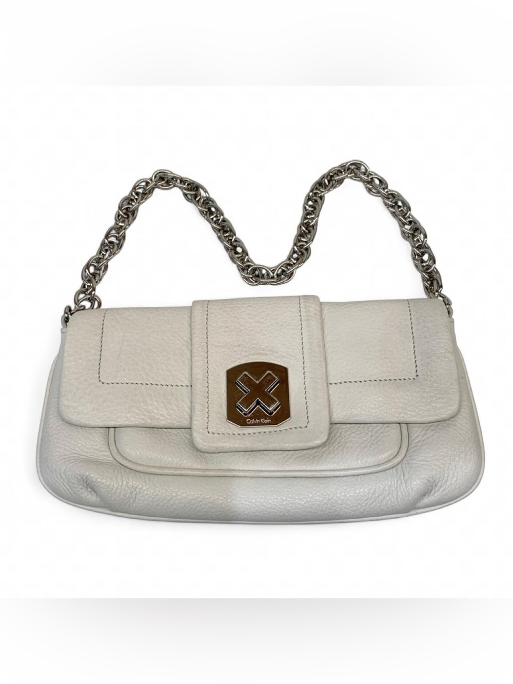 Calvin Klein Off-White Pebbled Shoulder Bag Small Chain Strap Silver Hardware